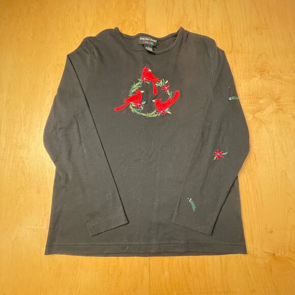 Hampshire Studio Tops - Vintage Women's Christmas Cardinal Birds Large Solid Black Long Sleeve T-Shirt